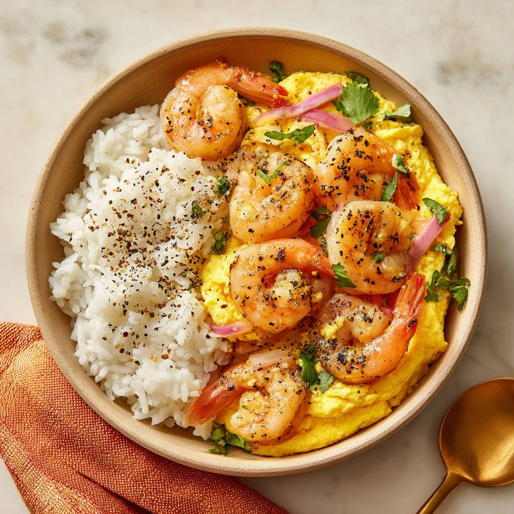 A Speedy Shrimp & Egg Rice Bowl features fluffy yellow eggs, grilled shrimp, white rice, and fresh herbs in a wooden bowl.