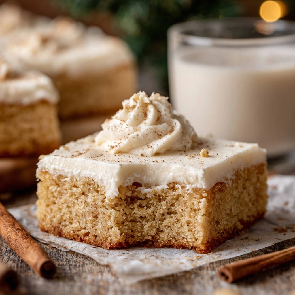 A square of Spiced Cake Bars is topped with creamy frosting and a swirl of whipped cream dusted with cinnamon.