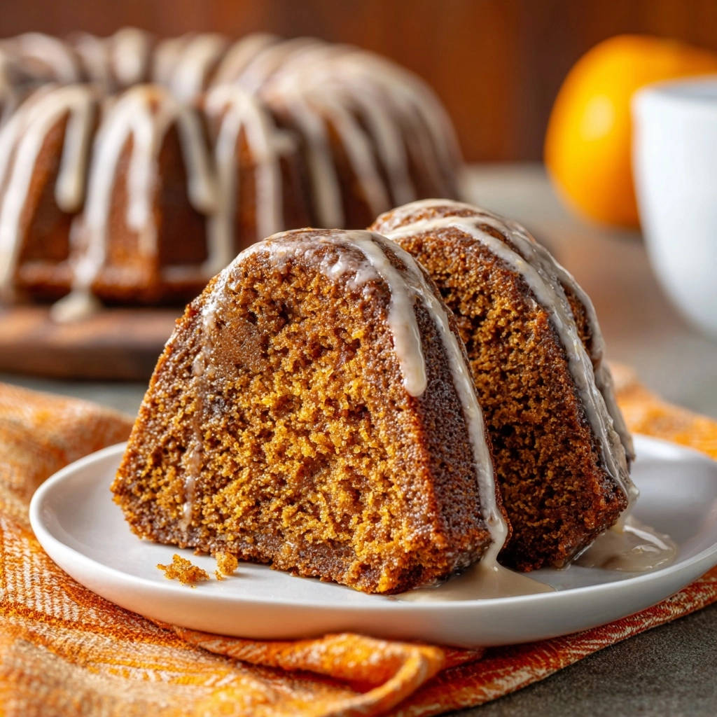 Two slices of spiced orange bundt cake are drizzled with a sweet glaze and served on a white plate.
