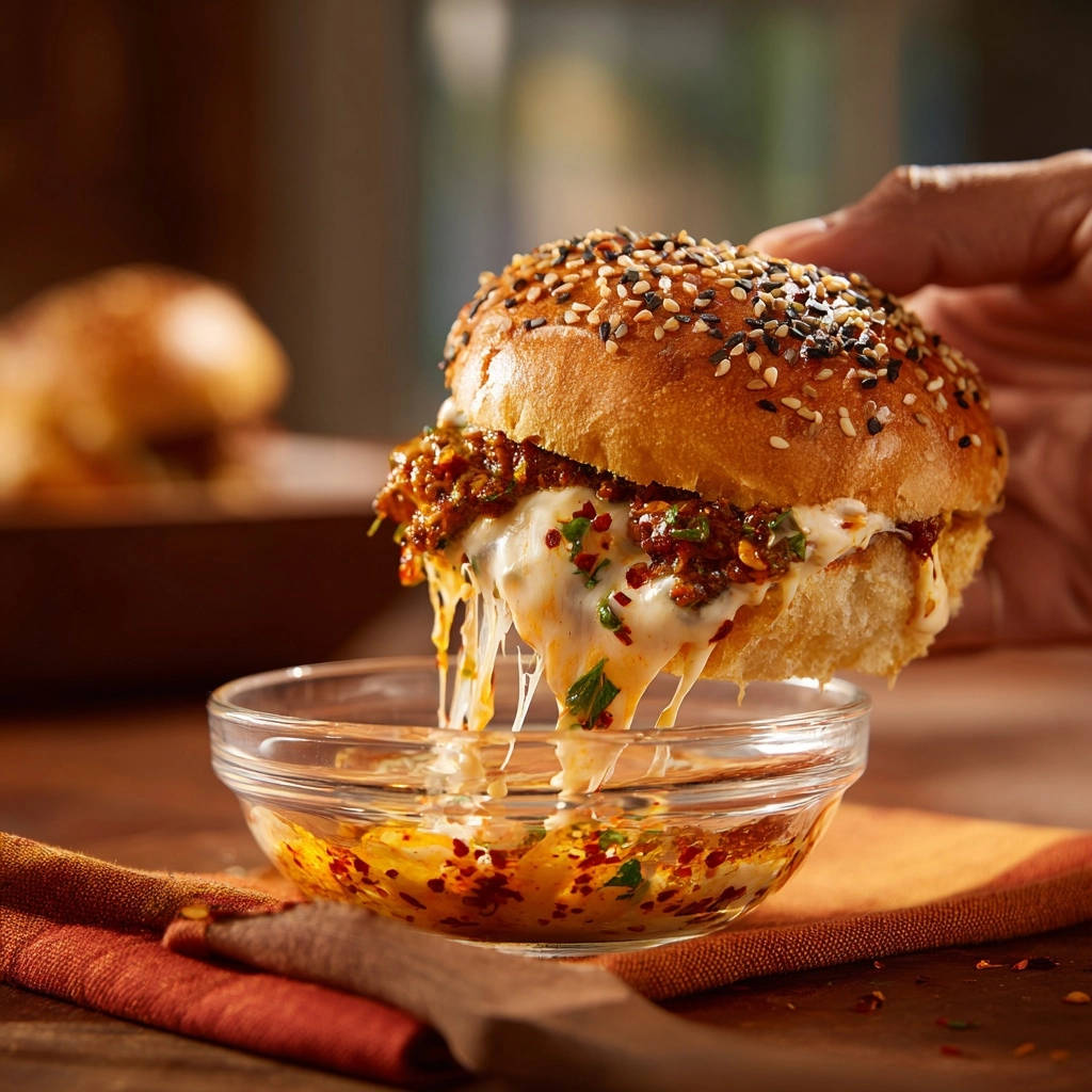 A Spicy Cheesy Dipper Burger with melted cheese dripping into a bowl of spicy dipping sauce, held by a hand.