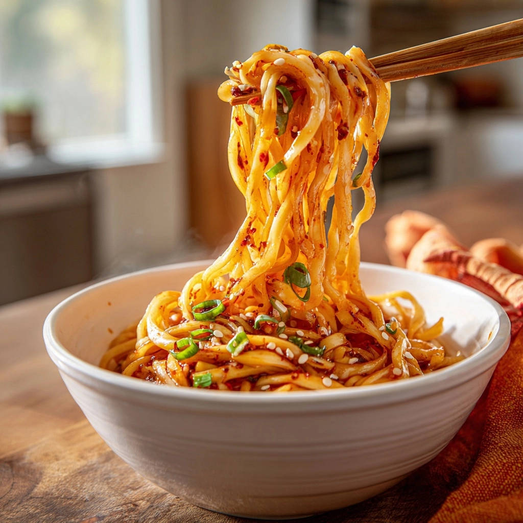 Spicy Sesame Chili Noodles Noodles Lifted With Chopsticks