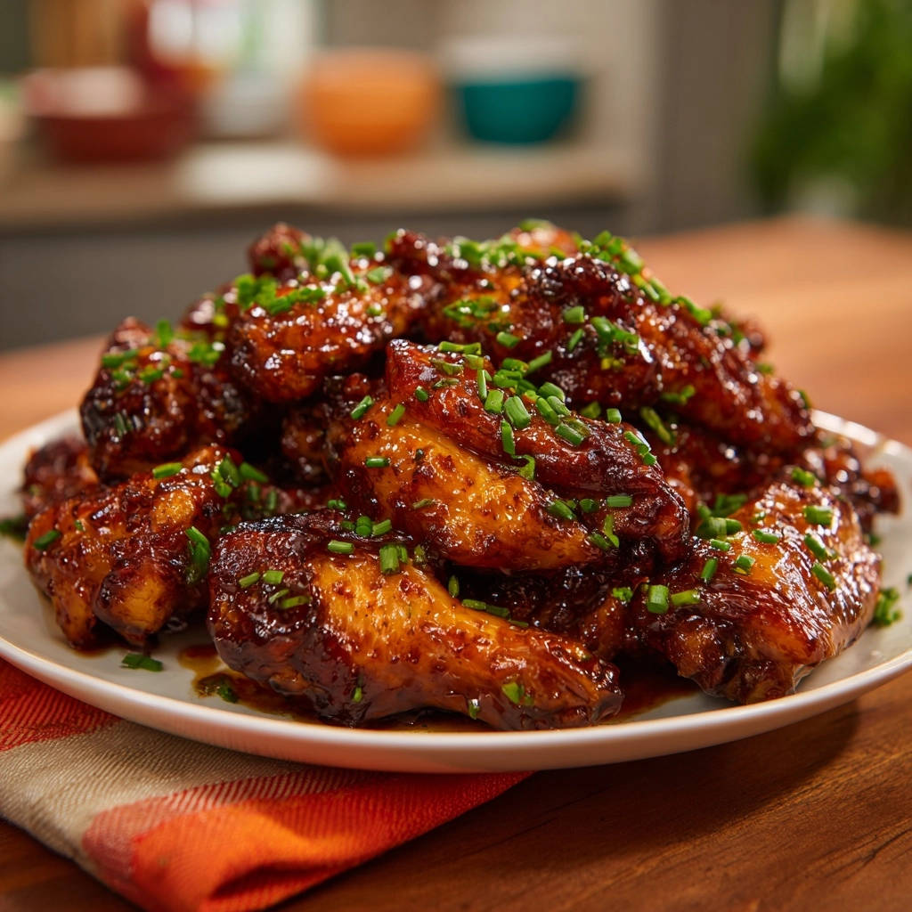 A generous serving of glistening Sticky Garlic Ginger Wings are piled on a white plate and garnished with fresh green chives.