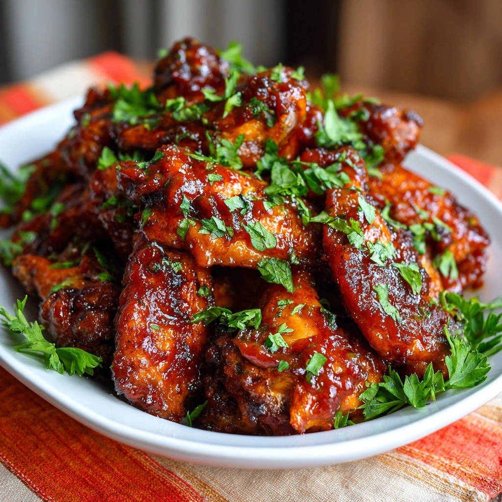 A plate of sticky glazed BBQ chicken wings, glistening with sauce and garnished with fresh parsley.