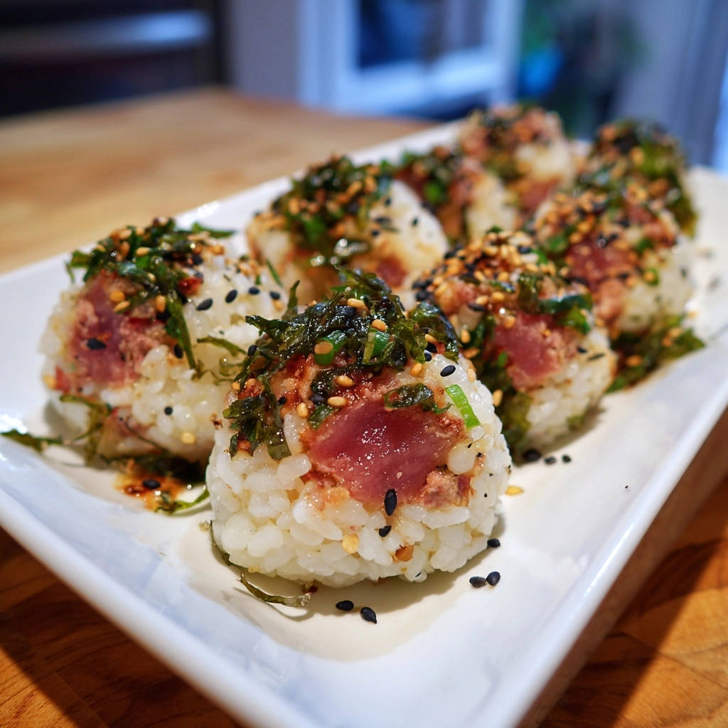 Tuna Furikake Onigiri Close Up Plated