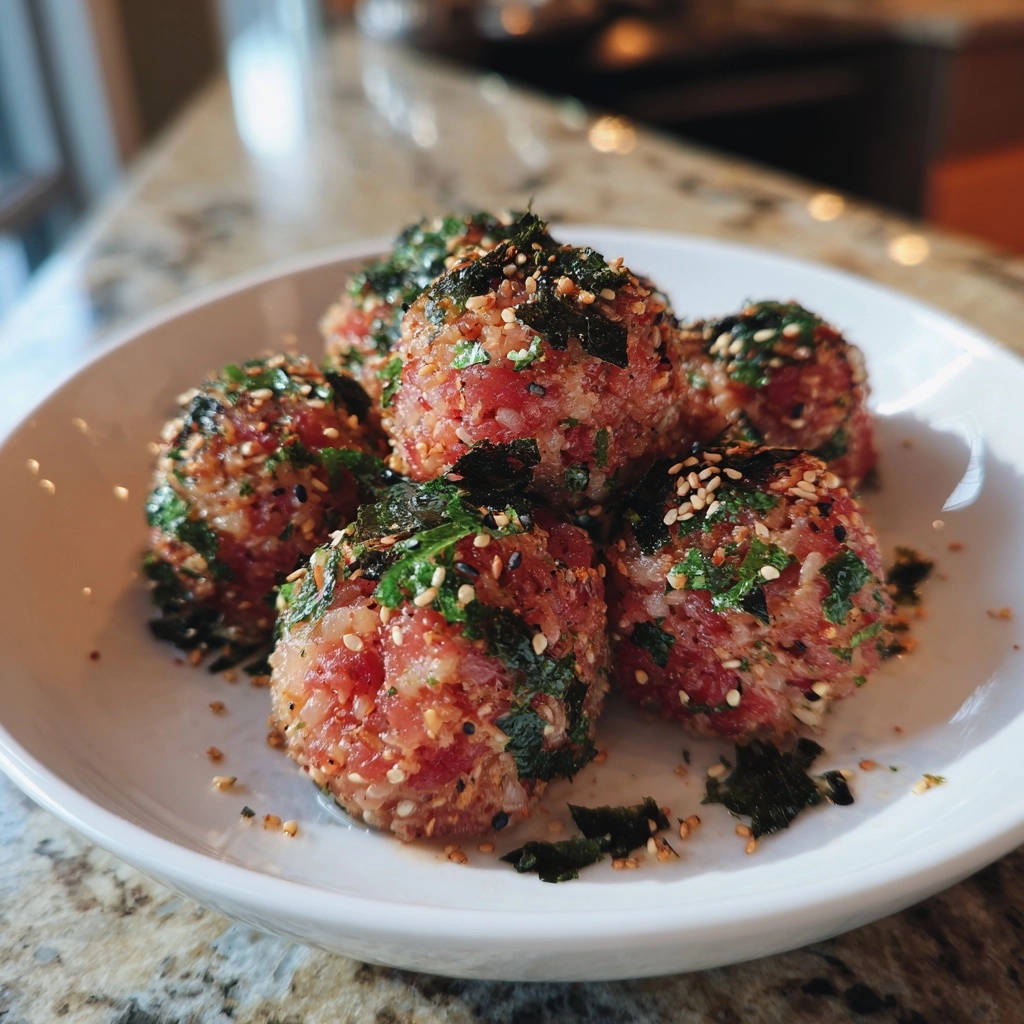 Tuna Furikake Onigiri are served on a white plate, coated in sesame seeds, seaweed, and herbs.