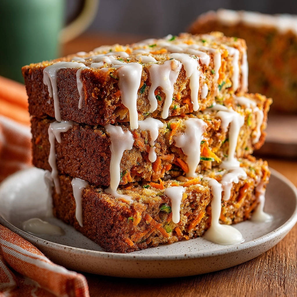 Three slices of zucchini carrot bread are stacked on a plate and drizzled with a creamy white glaze.