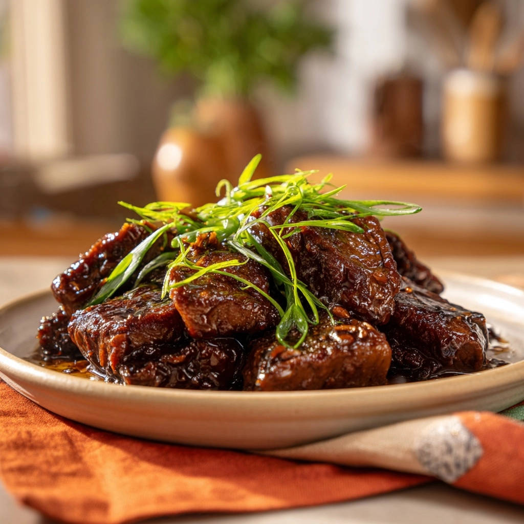 Asian Style Braised Beef Short Ribs Close Up Plated 1