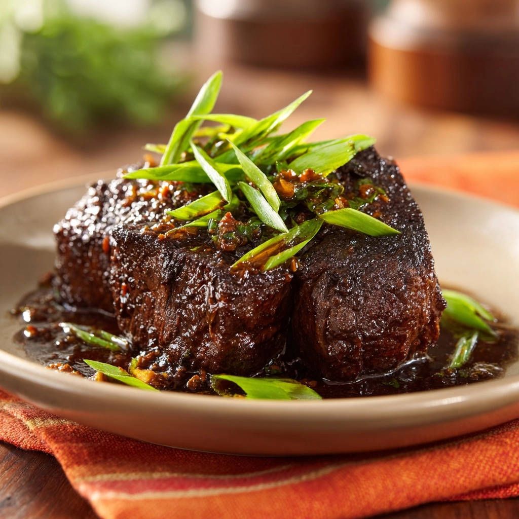 Asian Style Braised Beef Short Ribs Plated Close Up