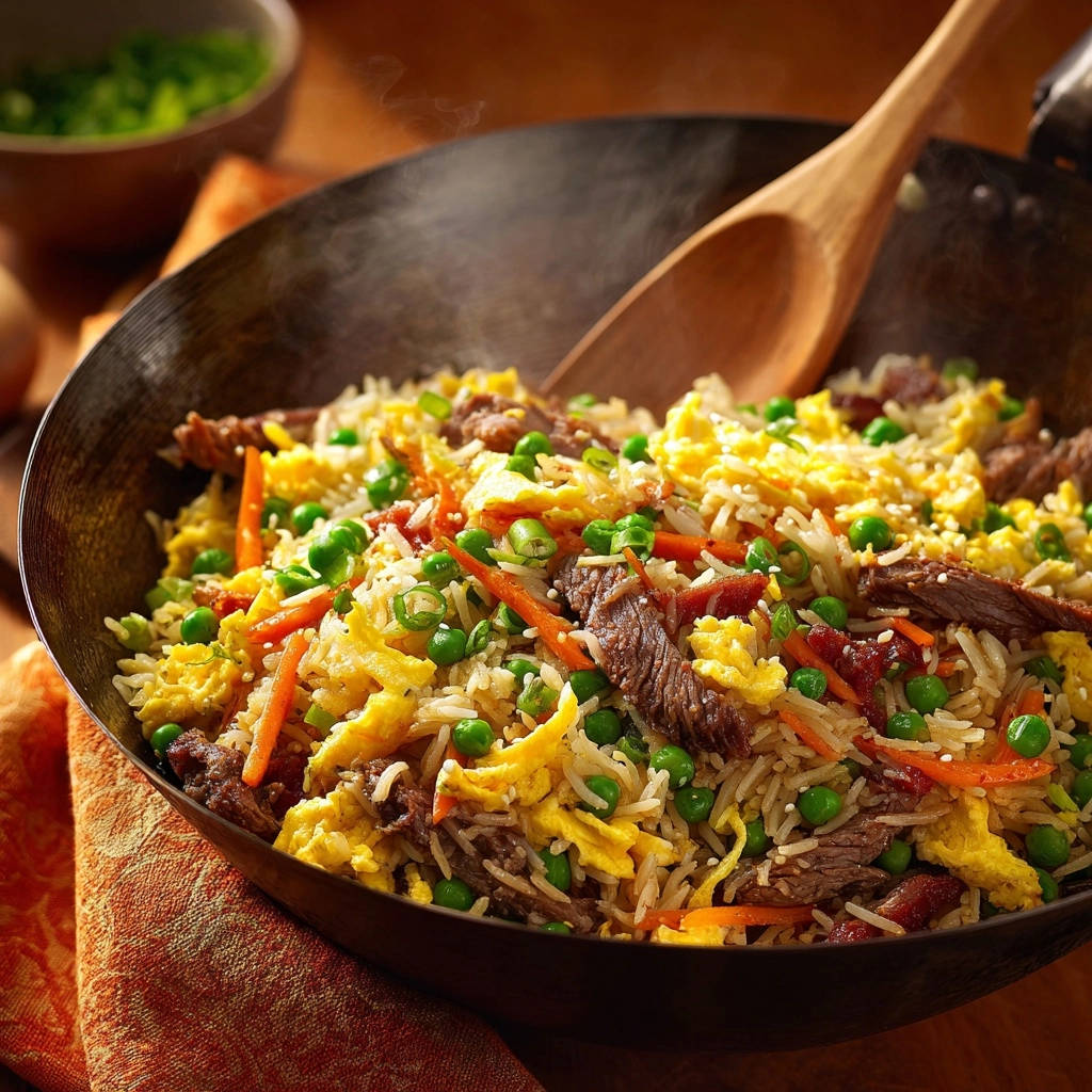 Beef Veggie Fried Rice Close Up Wok
