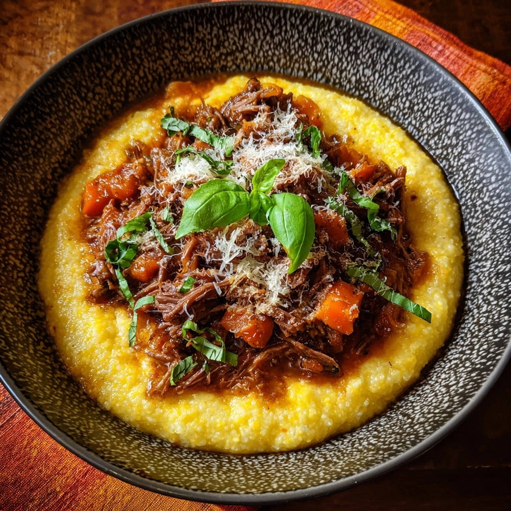 Braised Beef Ragu Creamy Polenta Overhead View 1