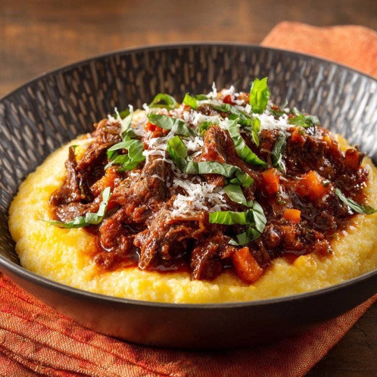 Braised Beef Ragu Creamy Polenta Overhead View