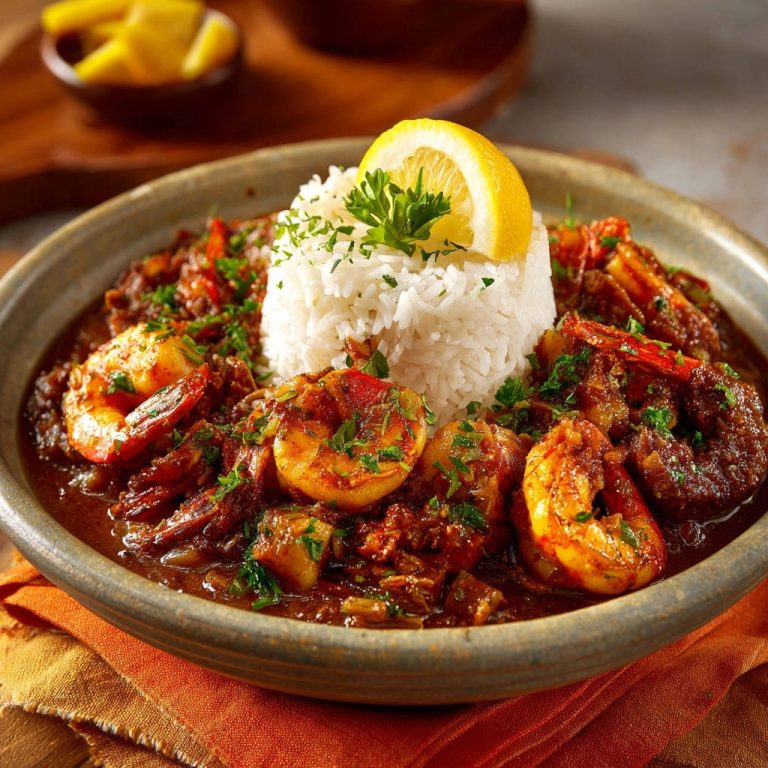 Cajun Shrimp Stew Plated With Rice And Lemon