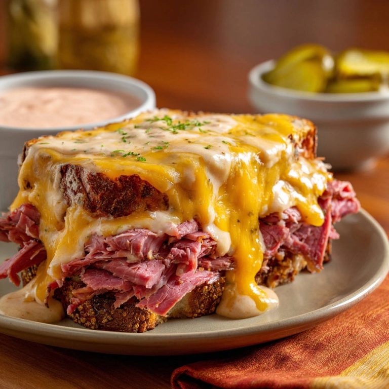 Cheesy Corned Beef Melt Close Up Cheese Drip