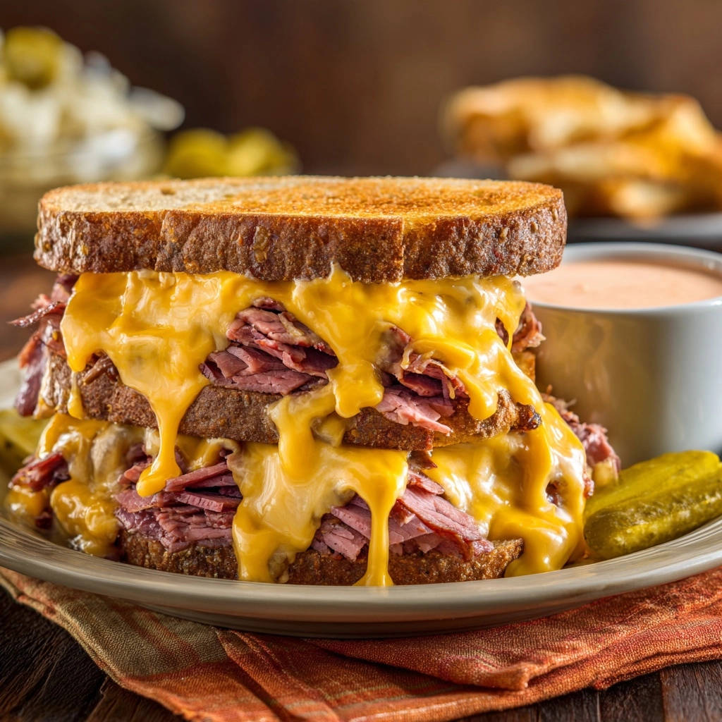 Cheesy Corned Beef Melt Close Up Melted Cheese 1