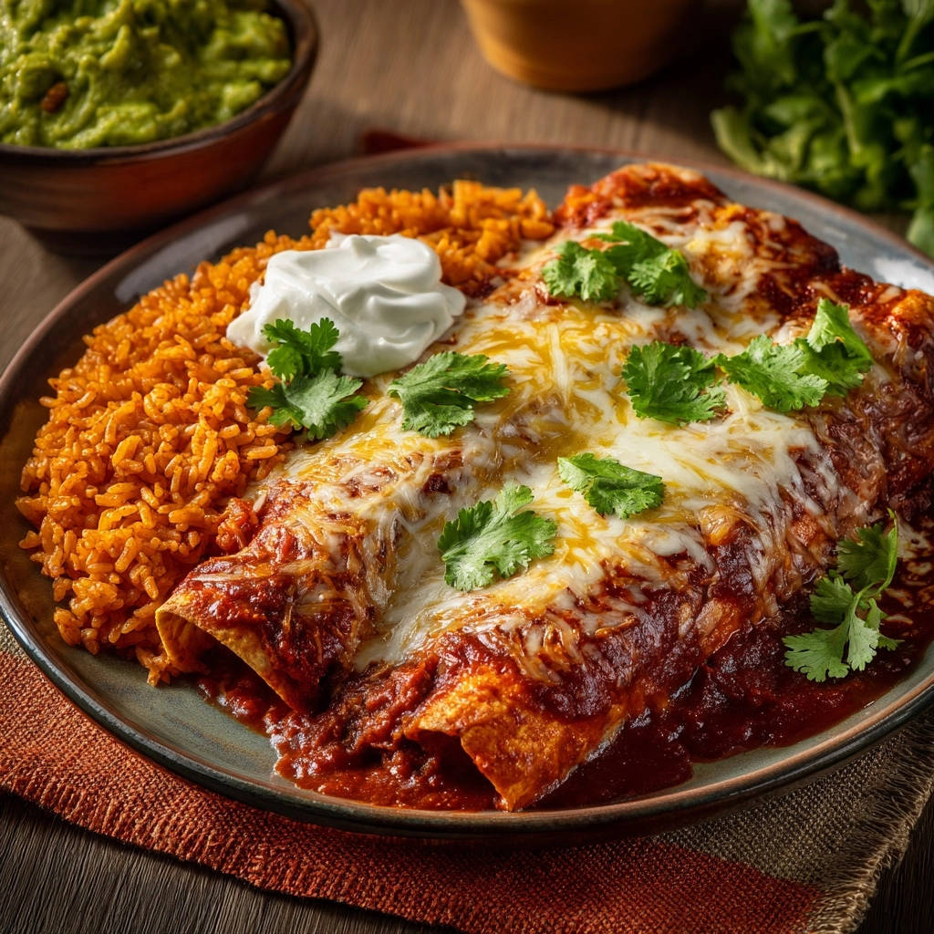 Cheesy Enchiladas Plated With Rice And Sour Cream 1