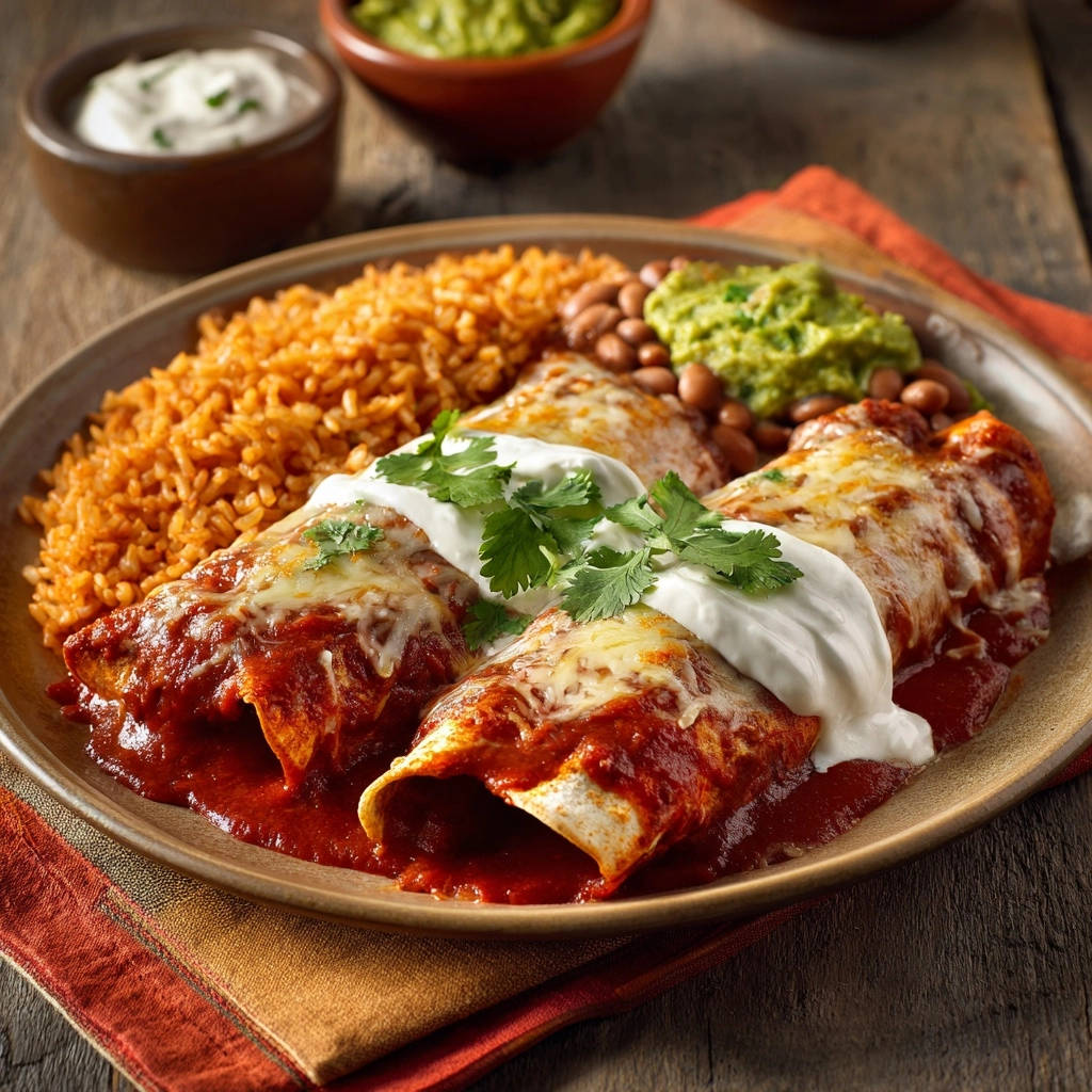 Cheesy Enchiladas Plated With Sides