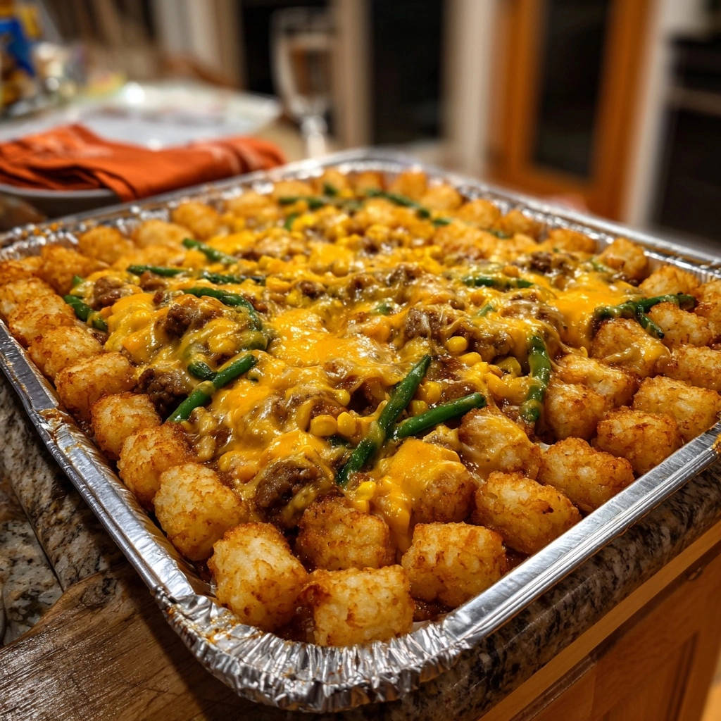 Cheesy Tater Tot Casserole Overhead View 1