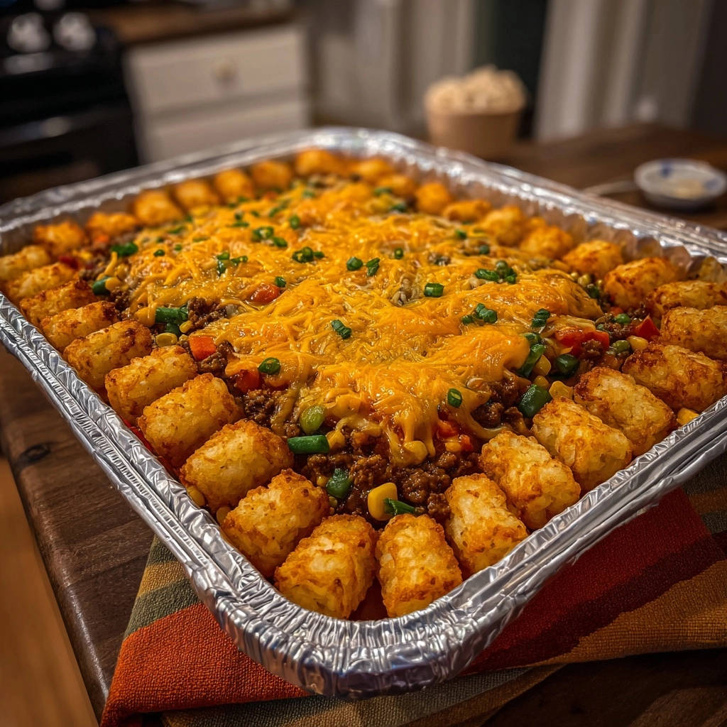 Cheesy Tater Tot Casserole Overhead View