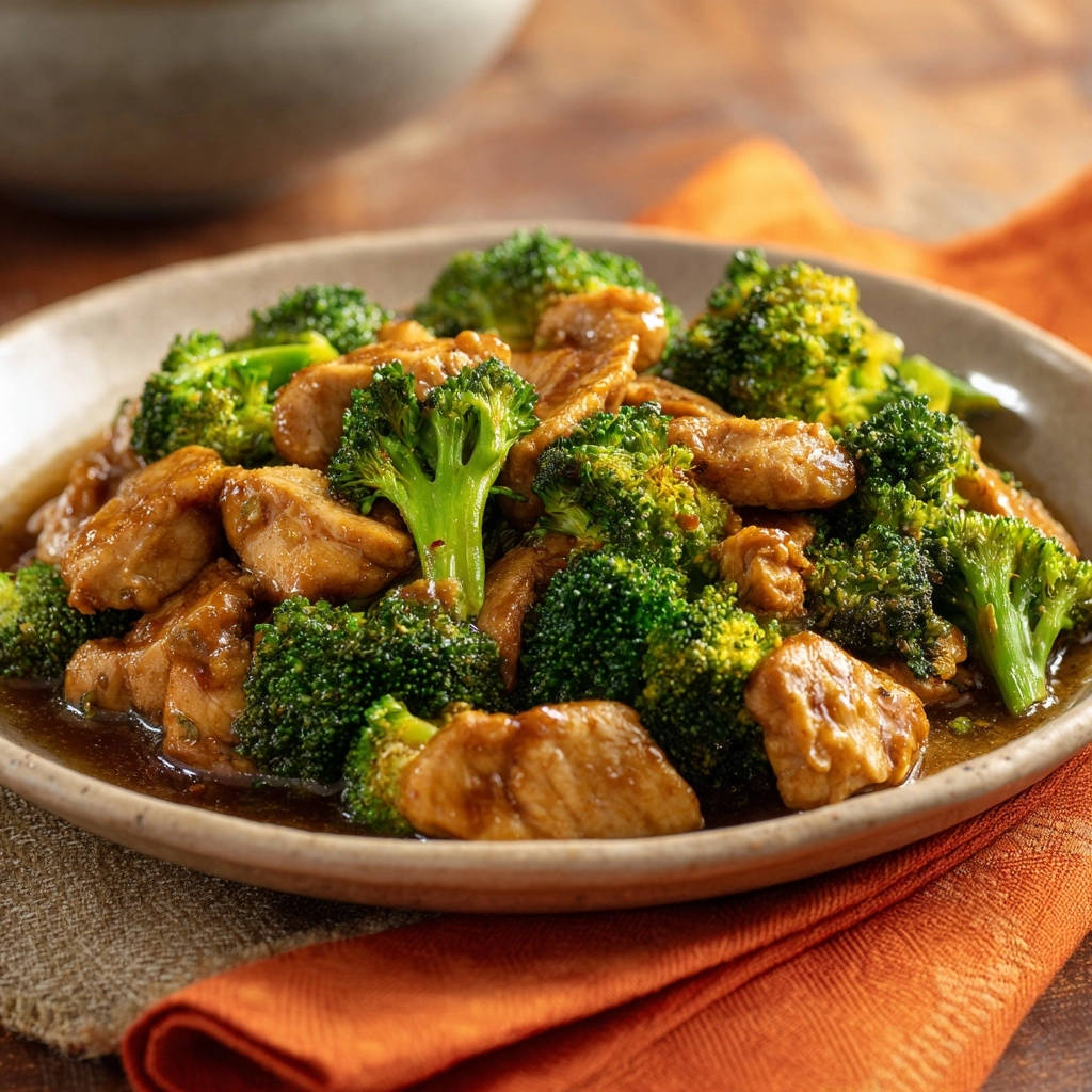 A close-up of a plate of chicken and broccoli stir-fry with tender chicken pieces and vibrant green broccoli florets.