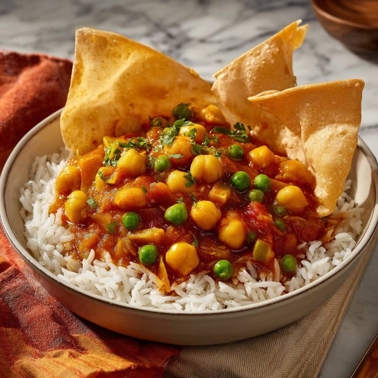 Chickpea Pea Curry Close Up With Poppadums