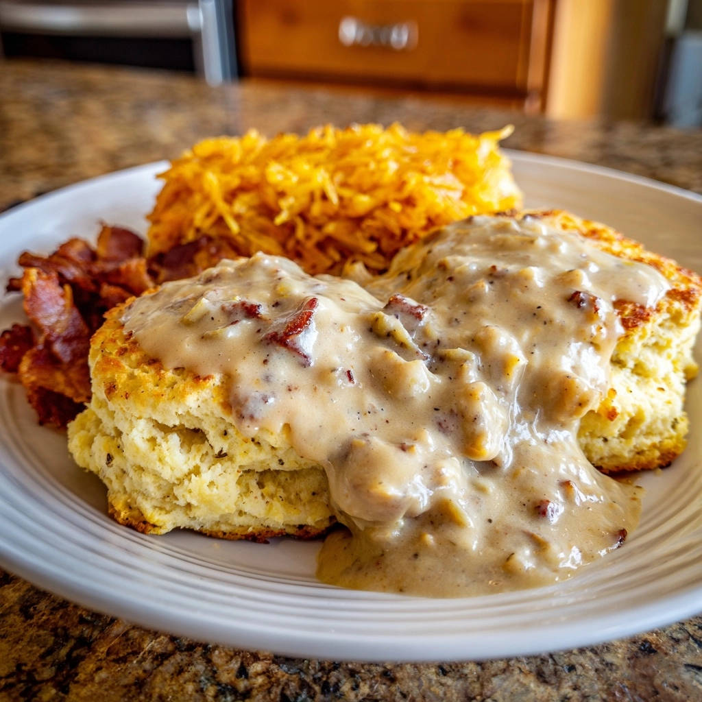 Classic Biscuits And Gravy Plated Close Up