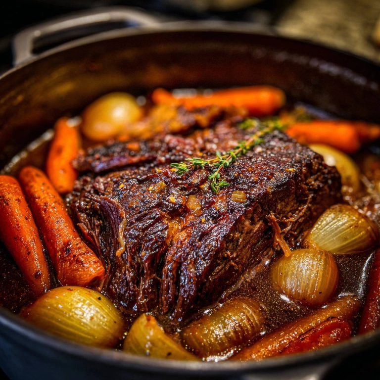 Classic Pot Roast Close Up In Dutch Oven