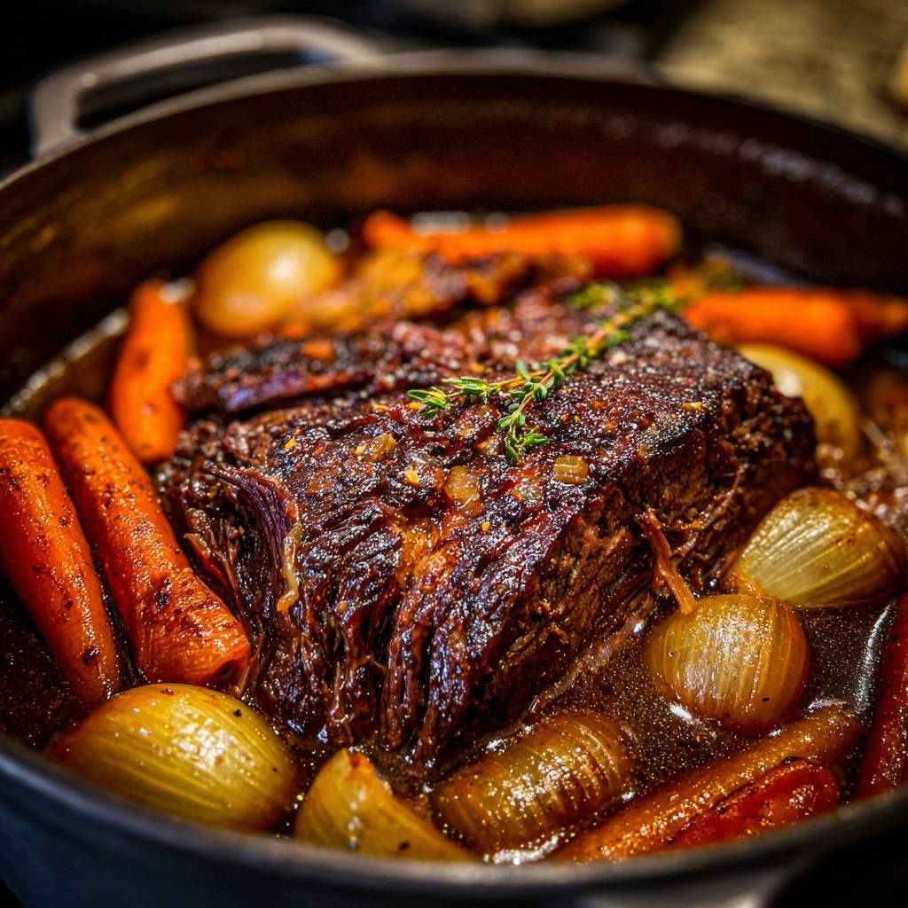 Classic Pot Roast Close Up In Dutch Oven