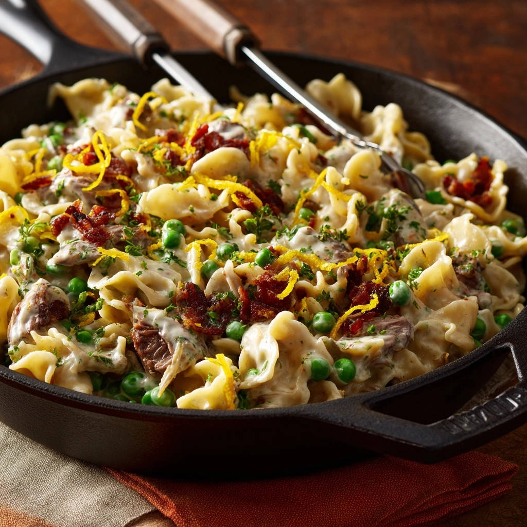 Creamy Chicken And Pea Noodles Close Up Cast Iron Skillet 1
