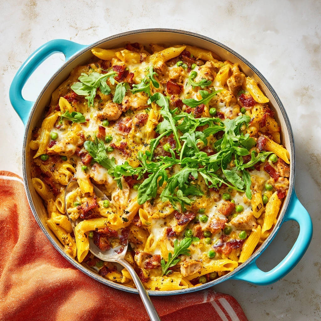 Creamy Chicken Bacon Penne Bake Overhead View 1