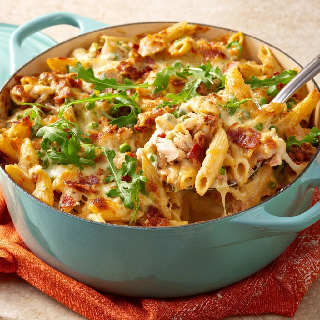 Creamy Chicken Bacon Penne Bake Spoonful Closeup