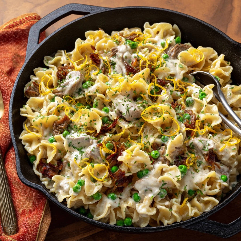 Creamy Chicken Pea Noodles Overhead View