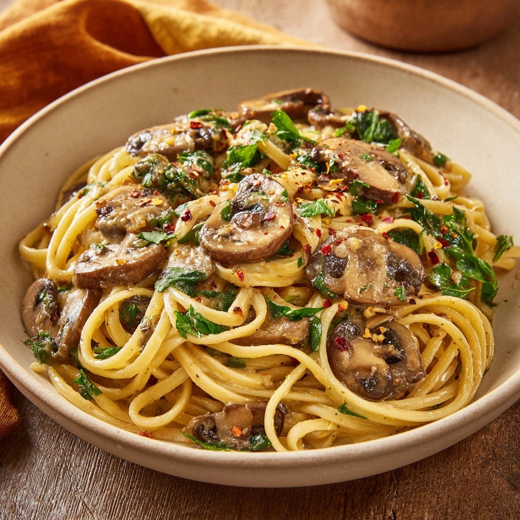 Creamy Garlic Mushroom Pasta Close Up Detail 1
