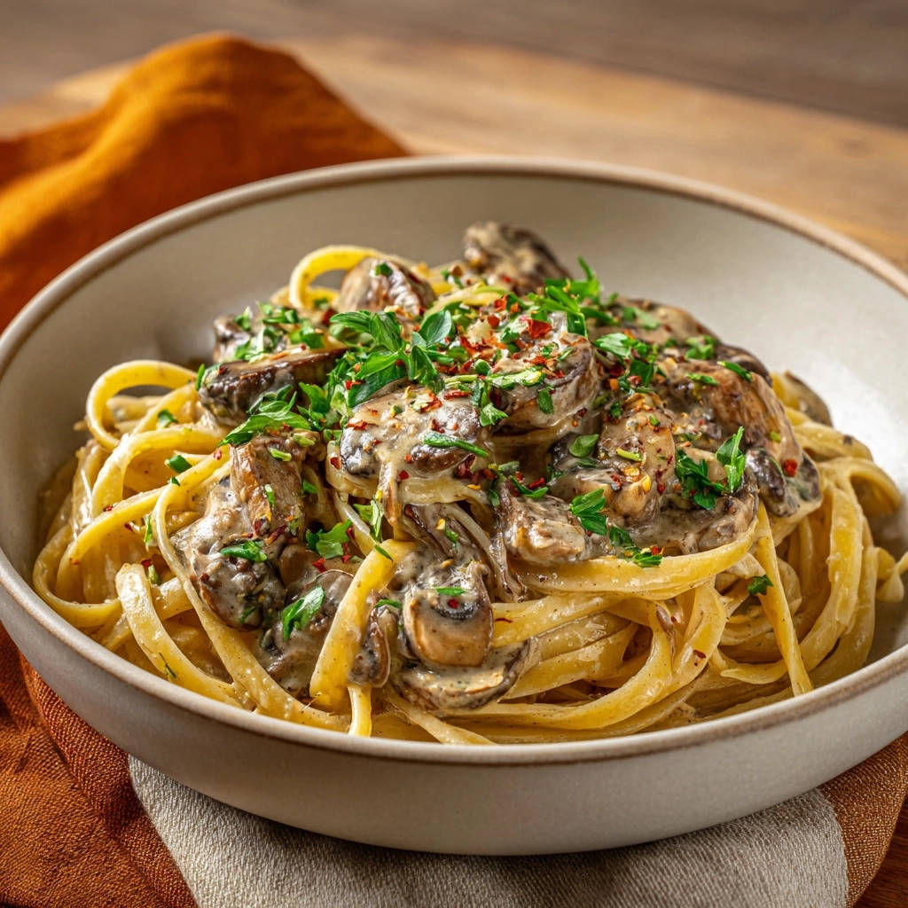 Creamy Garlic Mushroom Pasta Close Up Garnish