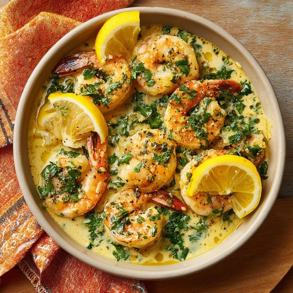 Creamy Lemon Garlic Shrimp with lemon wedges and fresh parsley in a creamy sauce, served in a beige bowl.