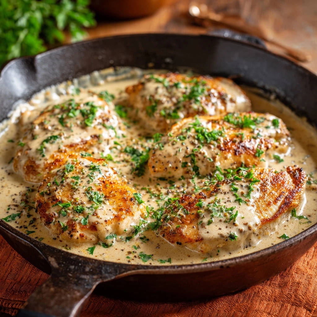 Skillet creamy lemon herb chicken with golden-brown chicken breasts in a creamy sauce, garnished with fresh herbs.