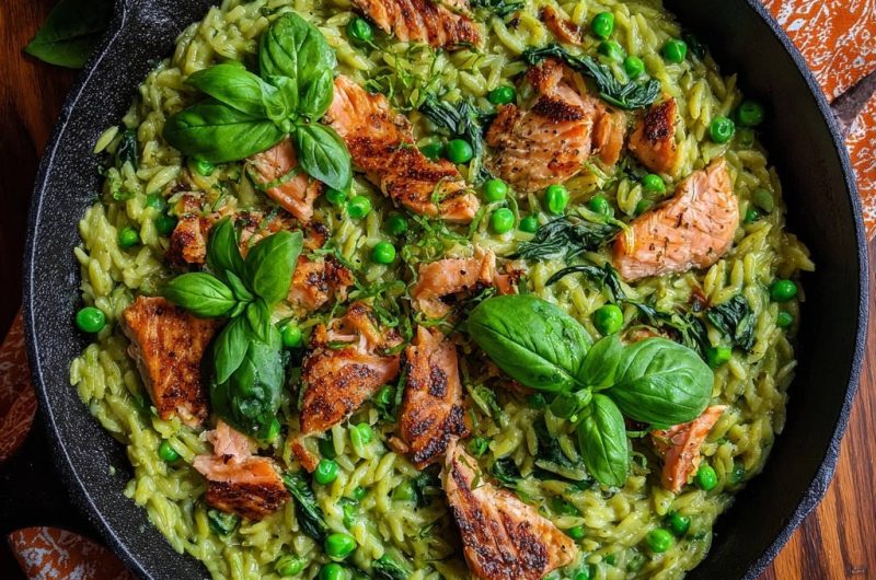 Creamy Pesto Orzo with Flaked Salmon