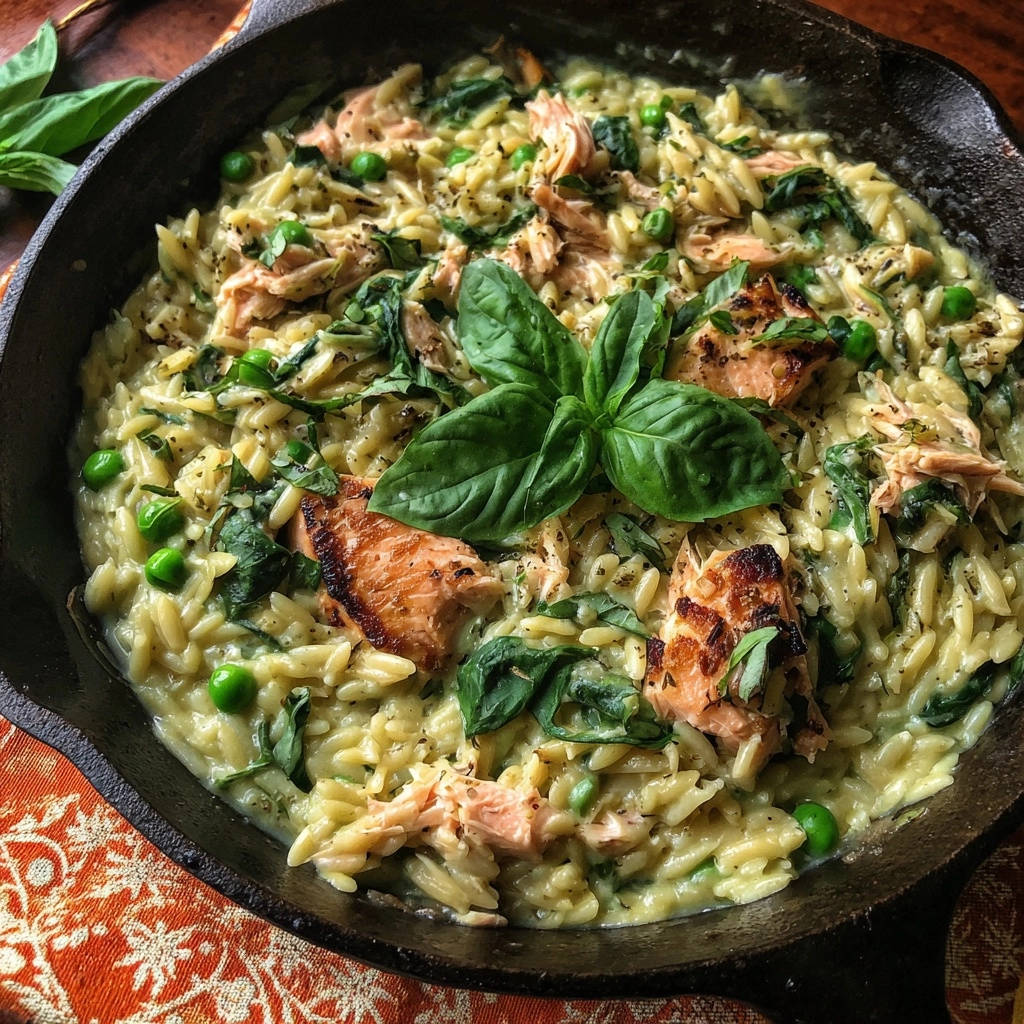 Creamy Pesto Orzo With Flaked Salmon Overhead View 1