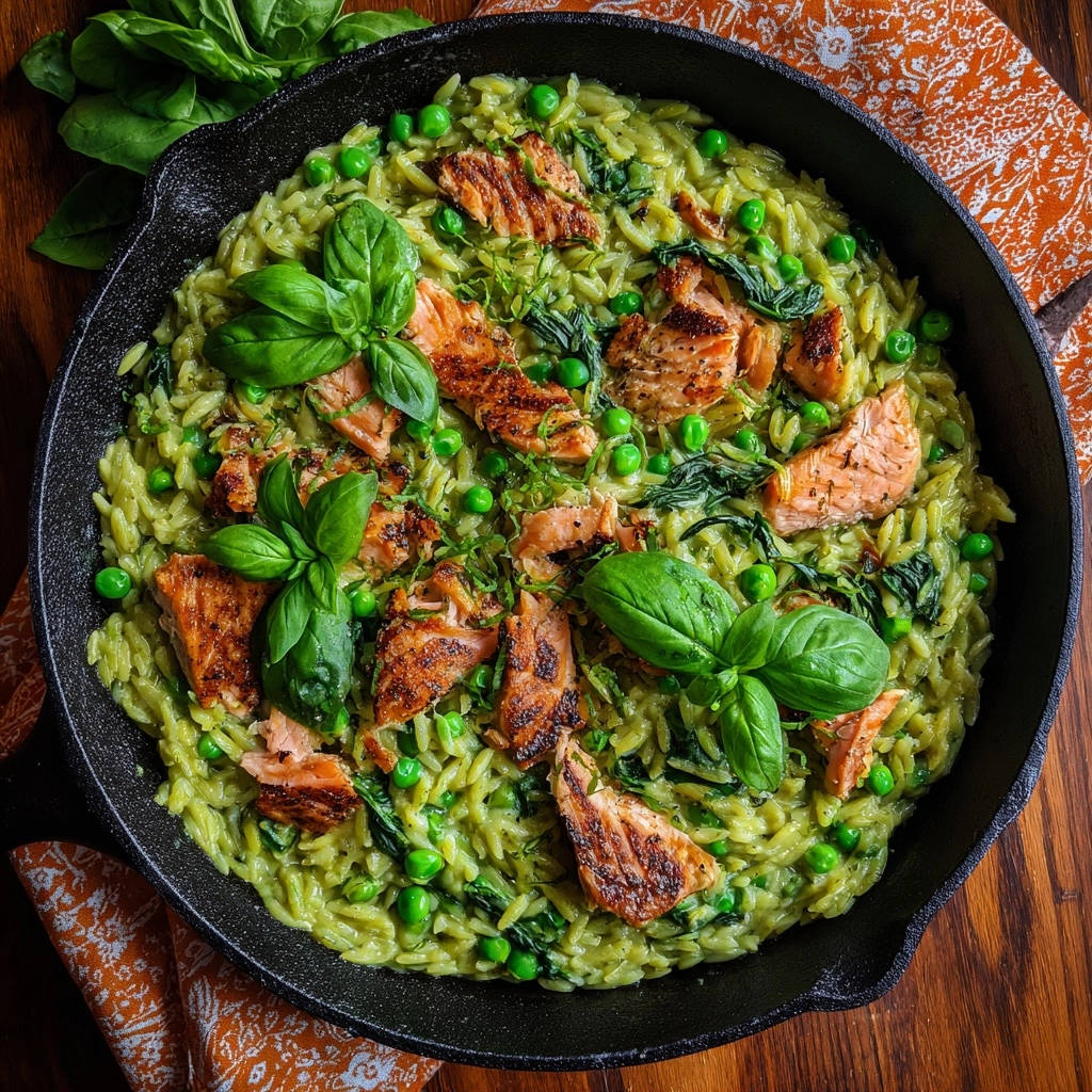 Creamy Pesto Orzo With Flaked Salmon Overhead