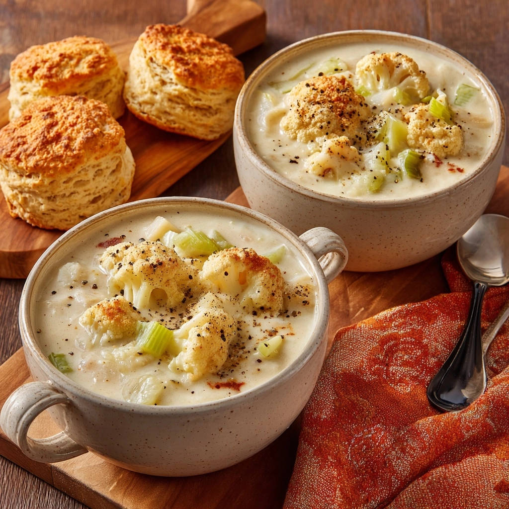 Creamy Roasted Cauliflower Chowder Bowls With Biscuits