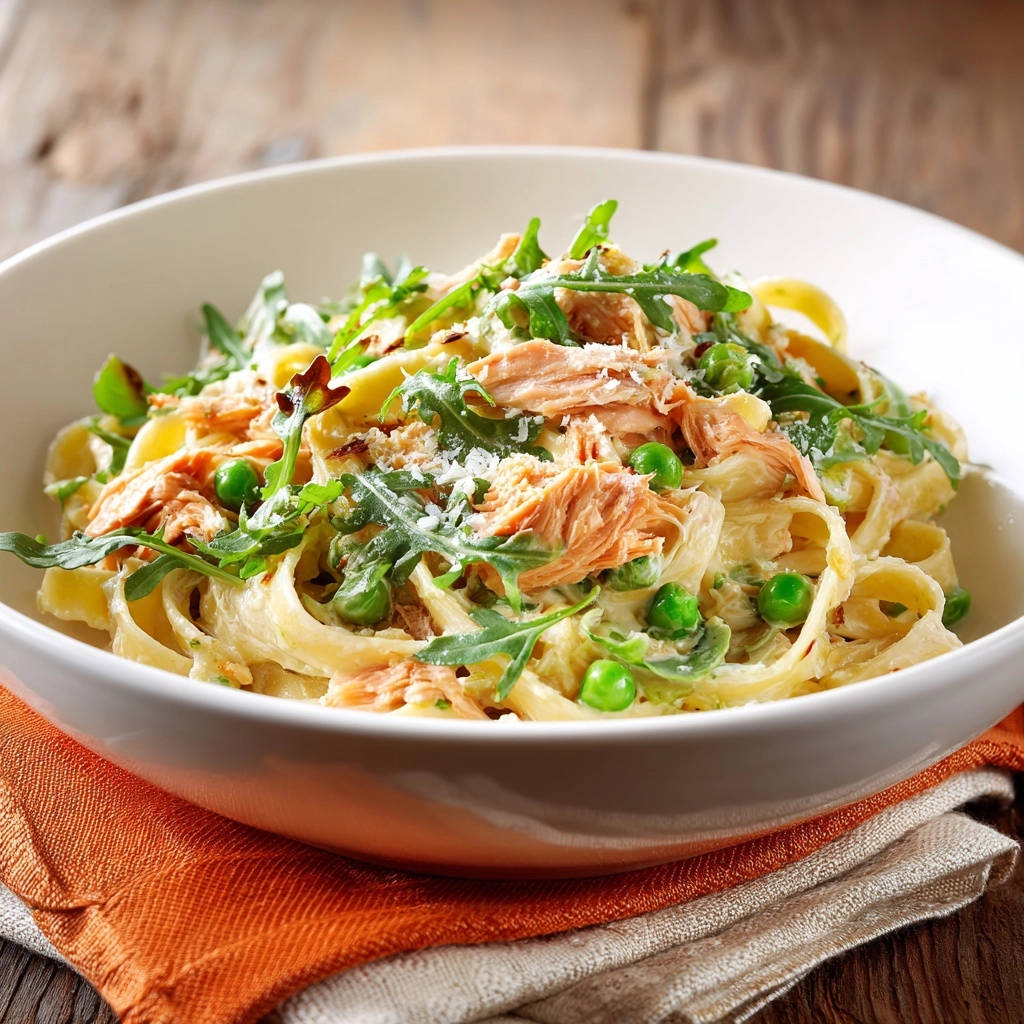 Creamy Salmon Fettuccine Close Up Detail 1