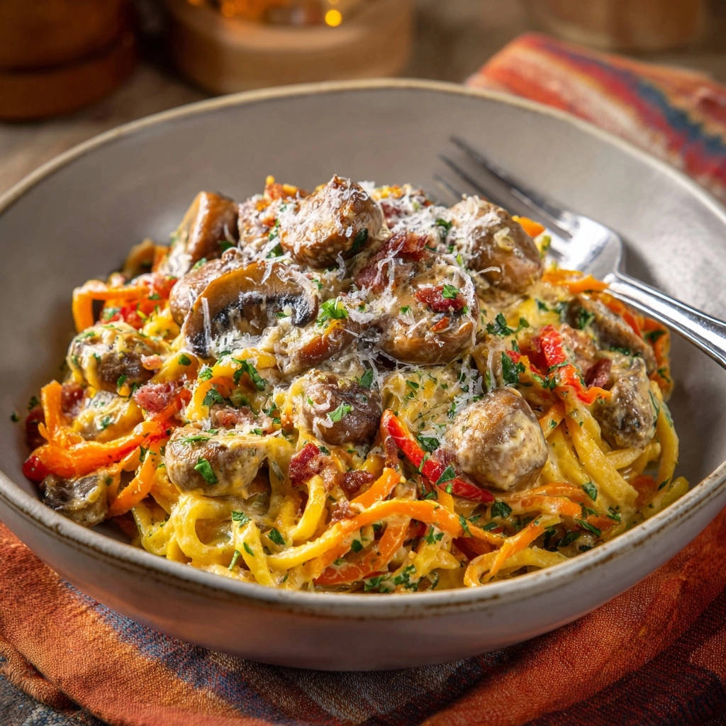 Creamy Sausage Mushroom Sweet Potato Noodles Close Up 1