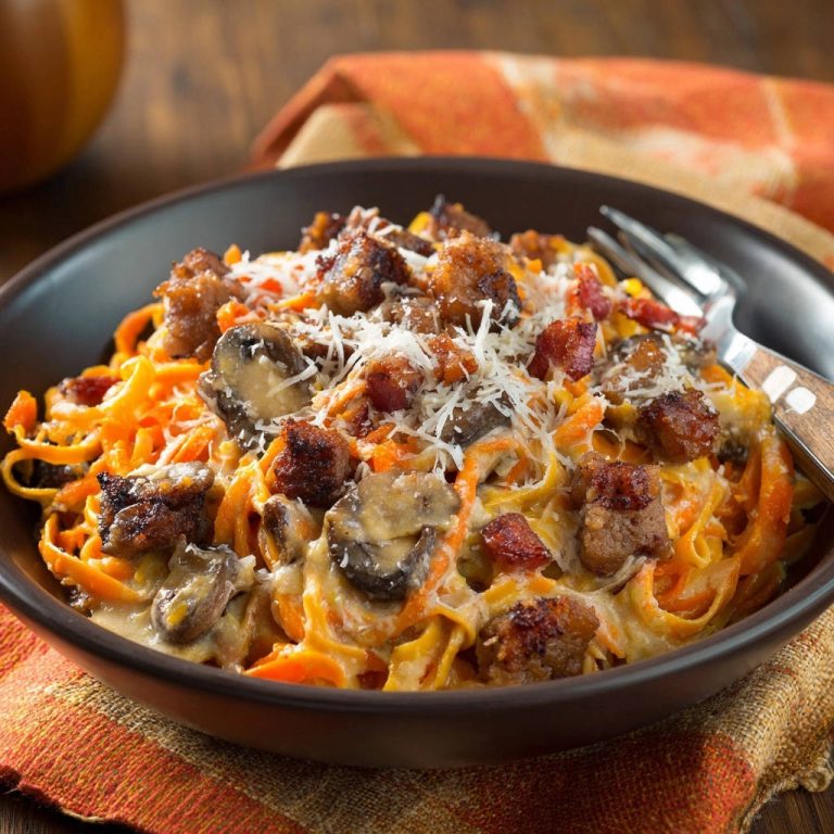 Creamy Sausage Mushroom Sweet Potato Noodles Close Up