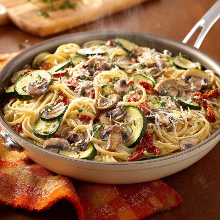 Creamy Skillet Spaghetti With Zucchini Mushrooms Close Up