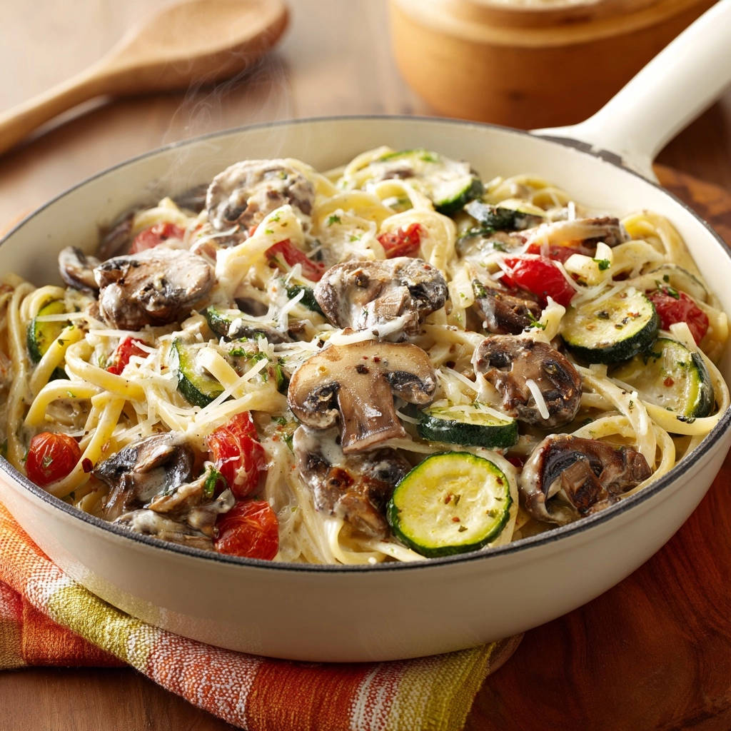 Creamy Skillet Spaghetti Zucchini Mushrooms Close Up 1