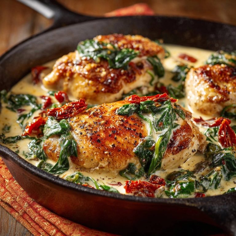 Creamy Tuscan Chicken Skillet Close Up Skillet