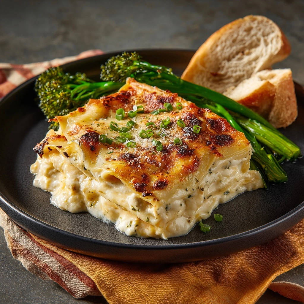 Creamy White Lasagna Single Plated Serving