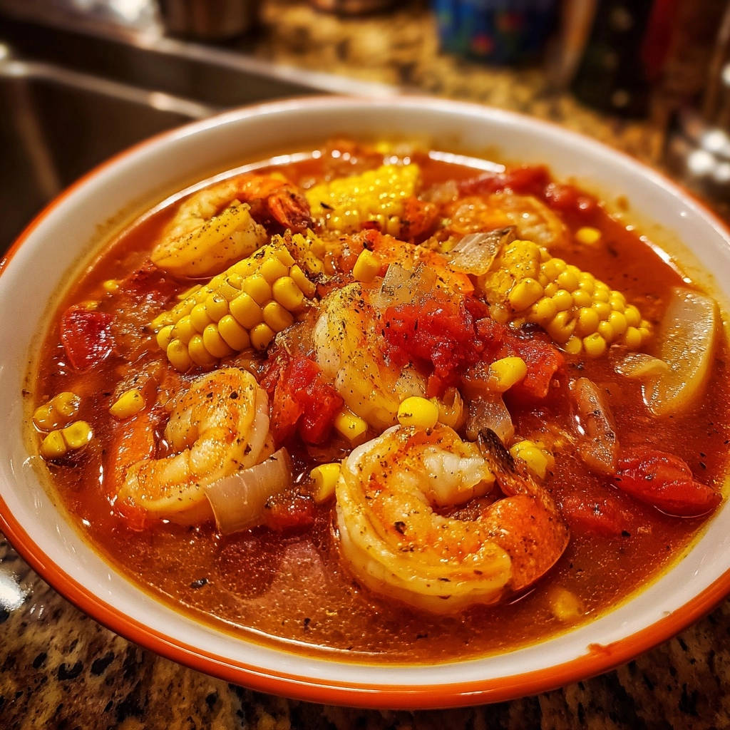 Creole Style Shrimp Corn Stew Close Up 1