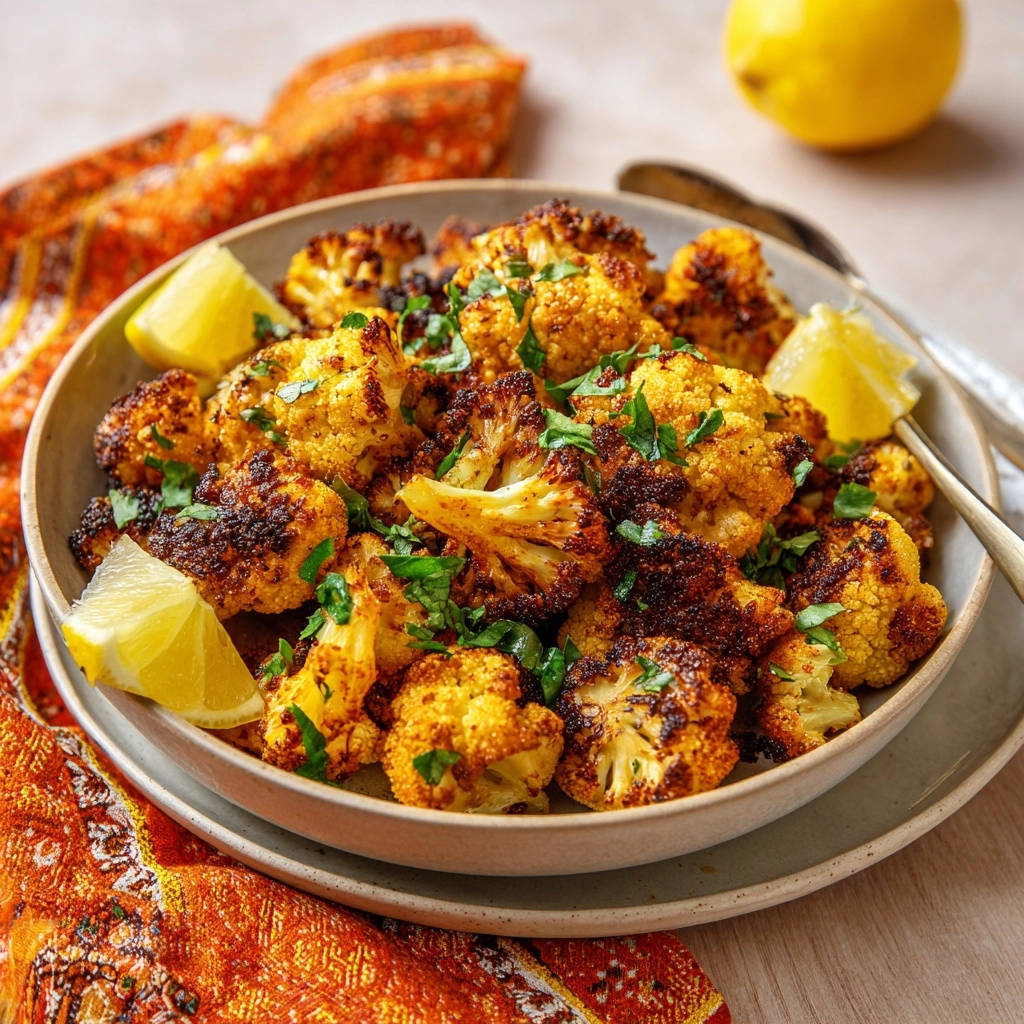 Crispy Roasted Cauliflower Close Up Lemon Wedges 1