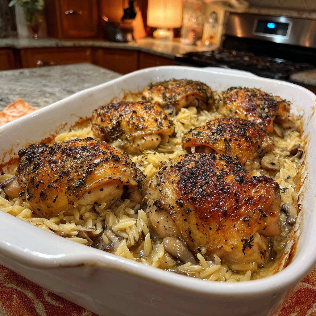 Crispy Skinned Chicken Creamy Orzo Bake Close Up 1