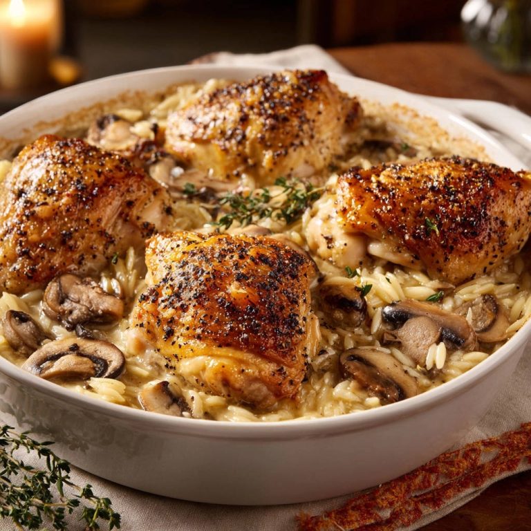 Crispy Skinned Chicken Creamy Orzo Bake Overhead